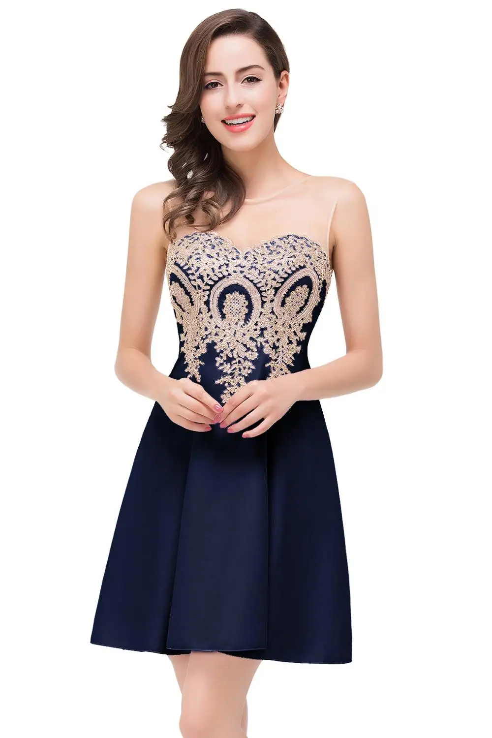 Robe de soiree вечернее платье элегантное ТРАПЕЦИЕВИДНОЕ короткое официальное вечернее платье без рукавов вечернее платье Аппликация Быстрая - Цвет: Тёмно-синий