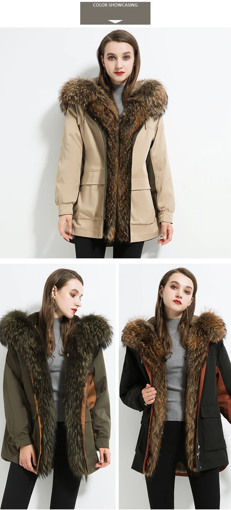 Fur Parkas Plus Size Real Raccoon Fur Collar Plocket Hooded Rabbit Fur Lining Coat Women Winter Casual Oversized Warm Outwear