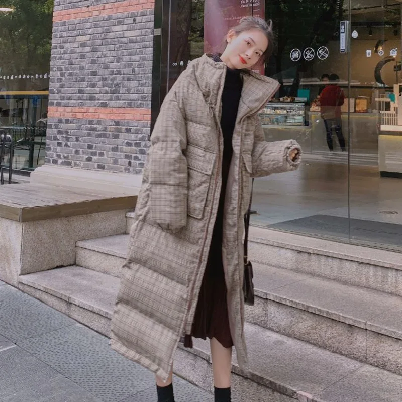 

2019chic Retro Plaid Korean-style New Style Actor down Coat Women's Elegant Long Large Pocket BF Cotton-padded Clothes Thick