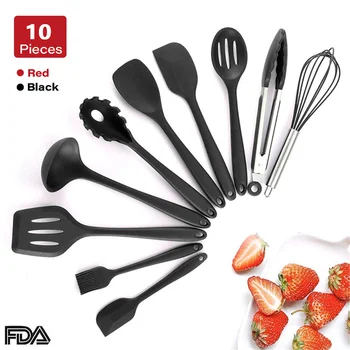 

10Pcs Kitchen Set Non-stick Spatula Kitchenware Red Black Silicone Cooking Utensils Accessories Metal Box Kitchen Utensils Set