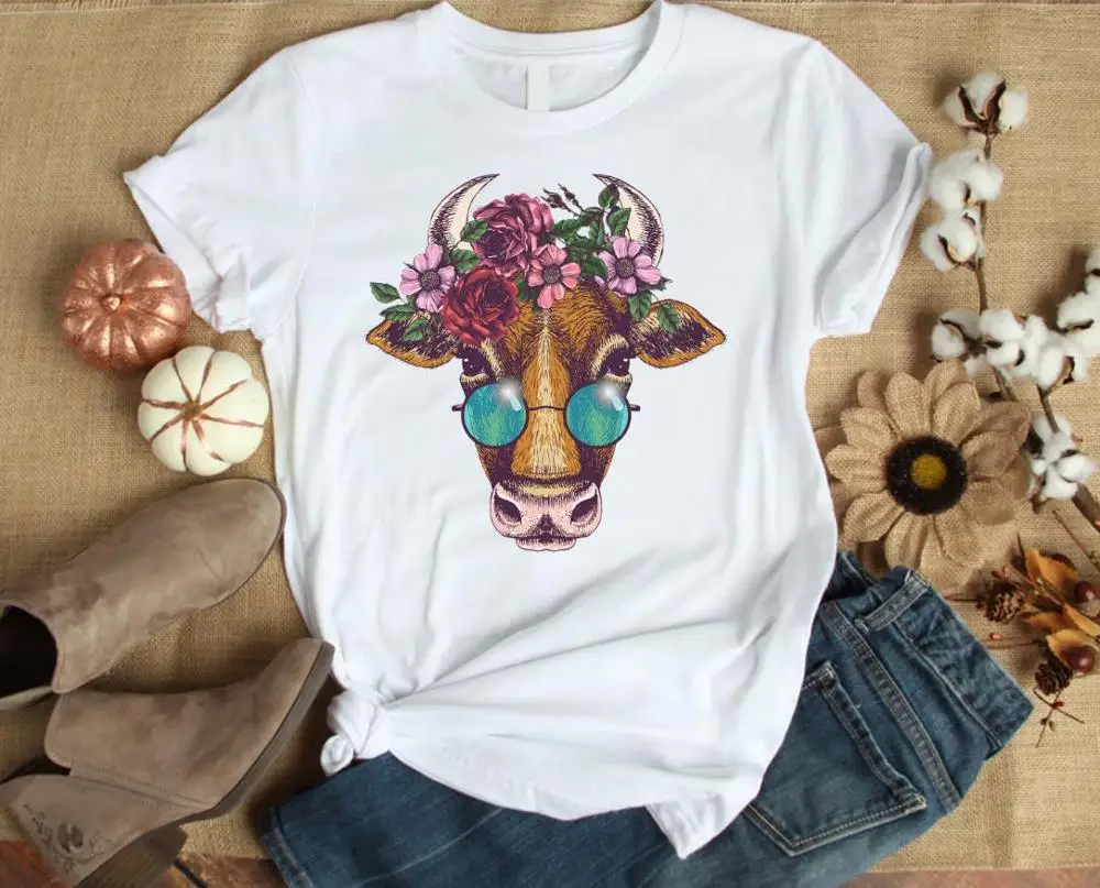 

floral cow flower Print Women tshirt Cotton Casual Funny t shirt Gift For Lady Yong Girl Top Tee PM-98