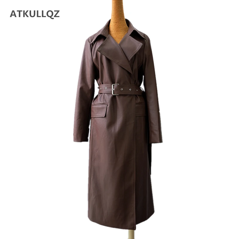 Женская куртка из ПУ кожи длинная свободная ветровка с тонким поясом осень