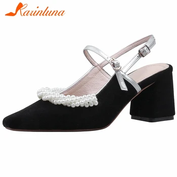 

KARINLUNA Genuine Leather Female Summer Sandals Brand Sandals Women Pointd Toe Pearl Solid High Heels Casual Shoes Woman