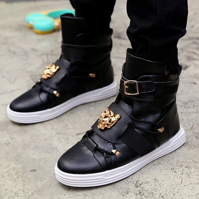 

GZ Punk Rivet metal Hip Hop boots Men White Solid Dance Platform Flats Fashion buckle High Top Zapatillas Hombre #39
