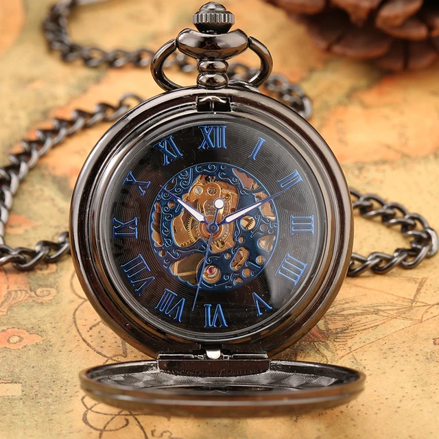 Reloj De Bolsillo Mecánico Con Diseño De Rombos Y Flores Huecas, Pulsera De De Lujo Con Esfera De Esqueleto Azul Retro - Relojes De Bolsillo - AliExpress