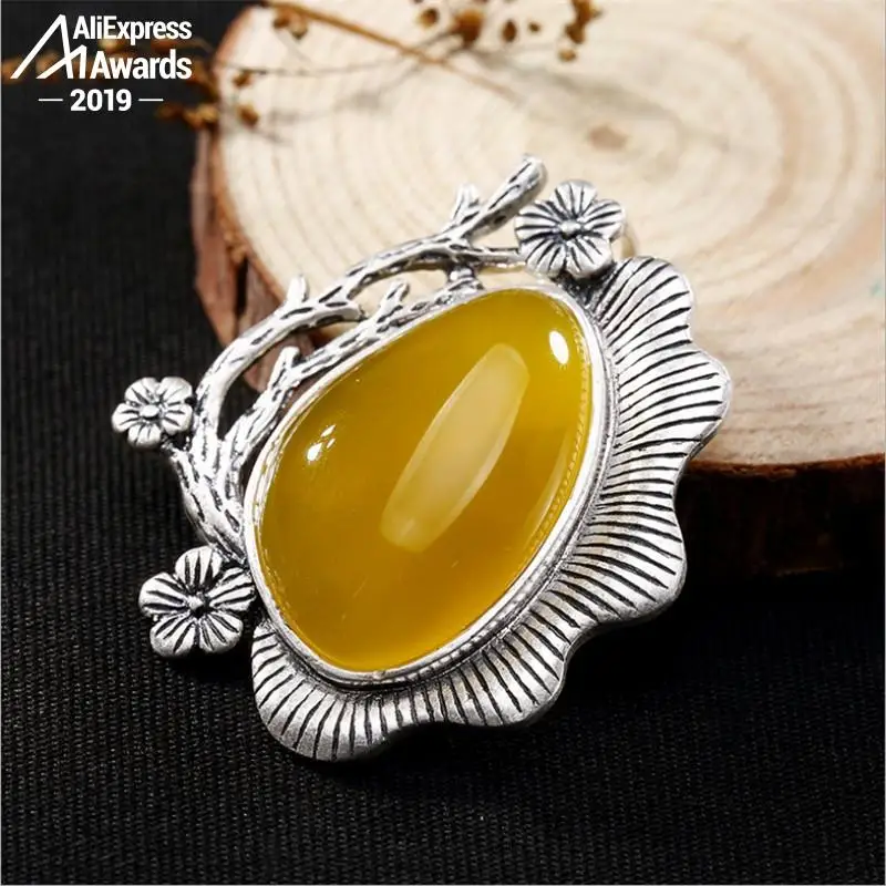 Big S925 Sterling Silver Israel Amber Waterdrop Flower Pedants Artisan Baltic health rich lithuania Chalcedony Yellow | Украшения и