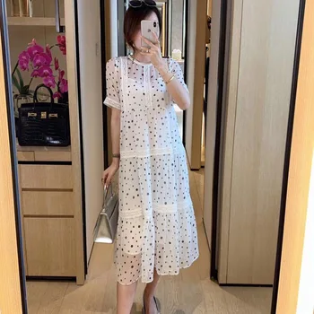 

2020 Summer 100% Silk Polka Dot Lace Splicing Medium Length Dress Elegant White Loose Office Printed Dress A-Line Black Dress