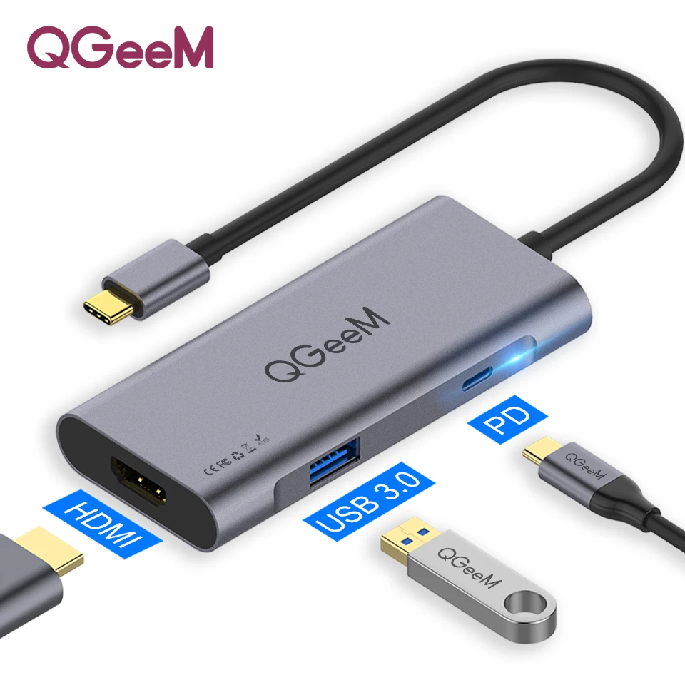 QGeeM USB C концентратор для Macbook Pro type C концентратор для HDMI USB 3,0 TF SD Мульти USB 3,1 концентратор адаптер для iPad Pro OTG Разветвитель USB C док-станция - Цвет: 3 Ports HUB Alloy