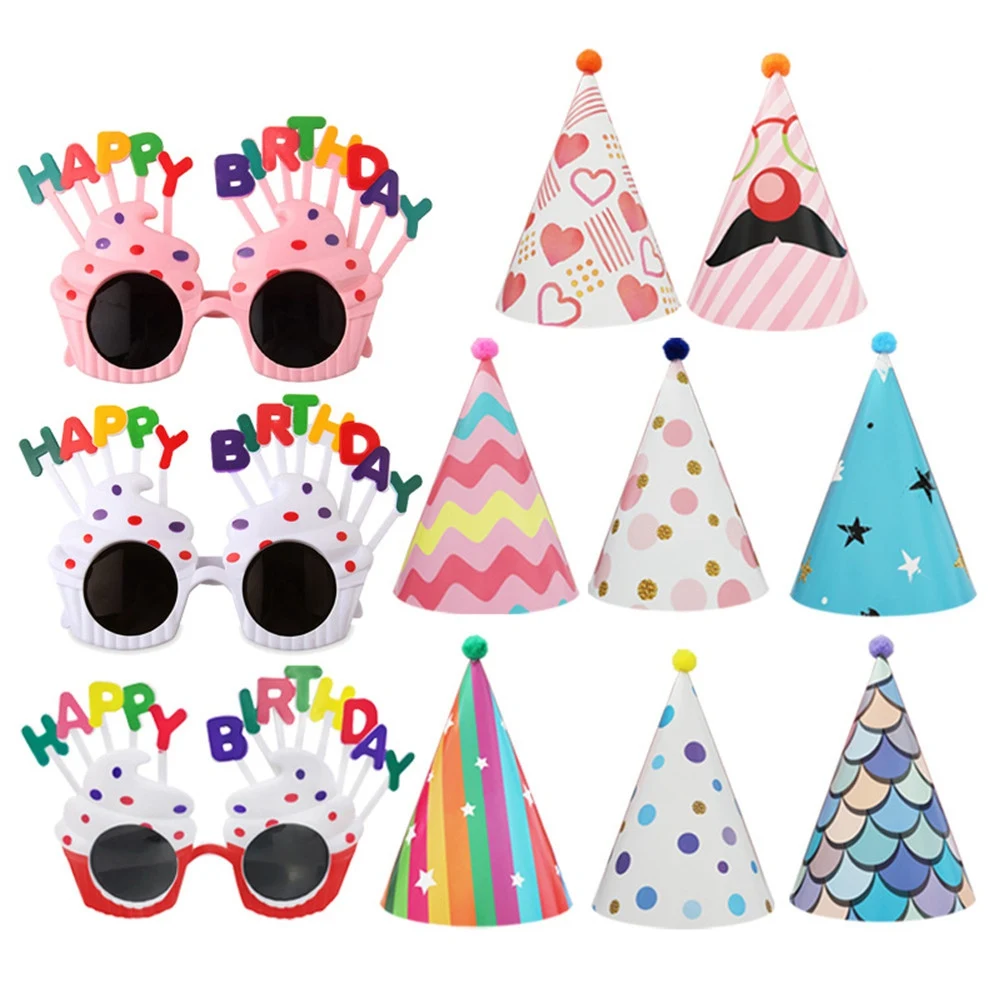 Party Hats And Glasses Set, Cake Cone Birthday Paper Hats With Pom Poms