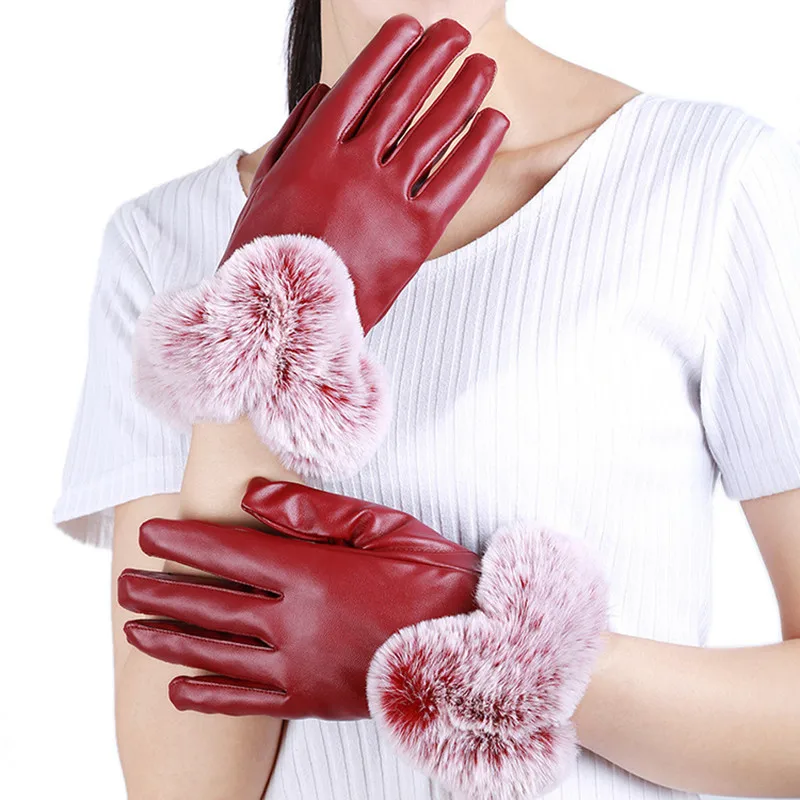 

Winter Cold Warm Imitation Rex Rabbit Hair Female Gloves PU leather Gloves Warm Touch Screen Thickening Plush Lining Warm Wrist