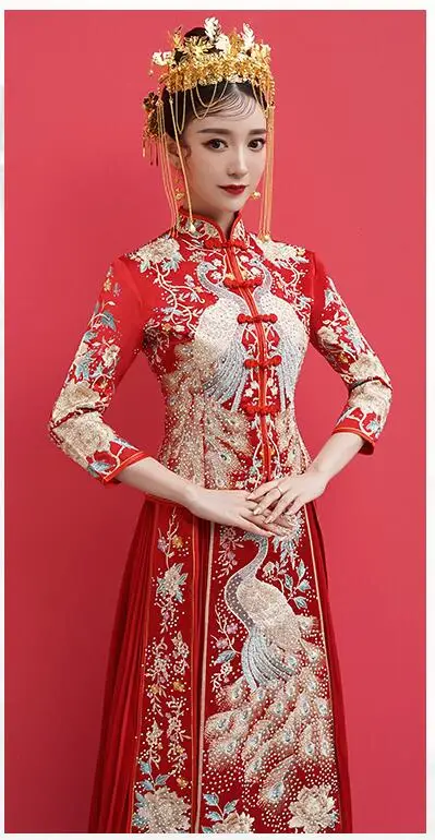 1 компл./лот в китайском стиле для женщин Мода Красный вышивка павлин cheongsam леди мода emroidery кисточкой cheongsam топ и юбка
