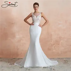 Роскошное свадебное платье-русалка в белом стиле, Вышитое цветочное кружево, круглый вырез, ажурное, Бесплатная работа, изготовление на