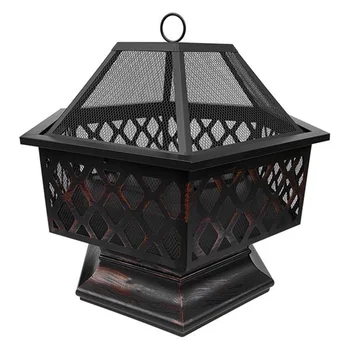 

Courtyard Metal Fire Bowl with Mesh Screen Lid 25'' Steel Garden Backyard Fire Pit Hexagonal Rustic Decoration Heater