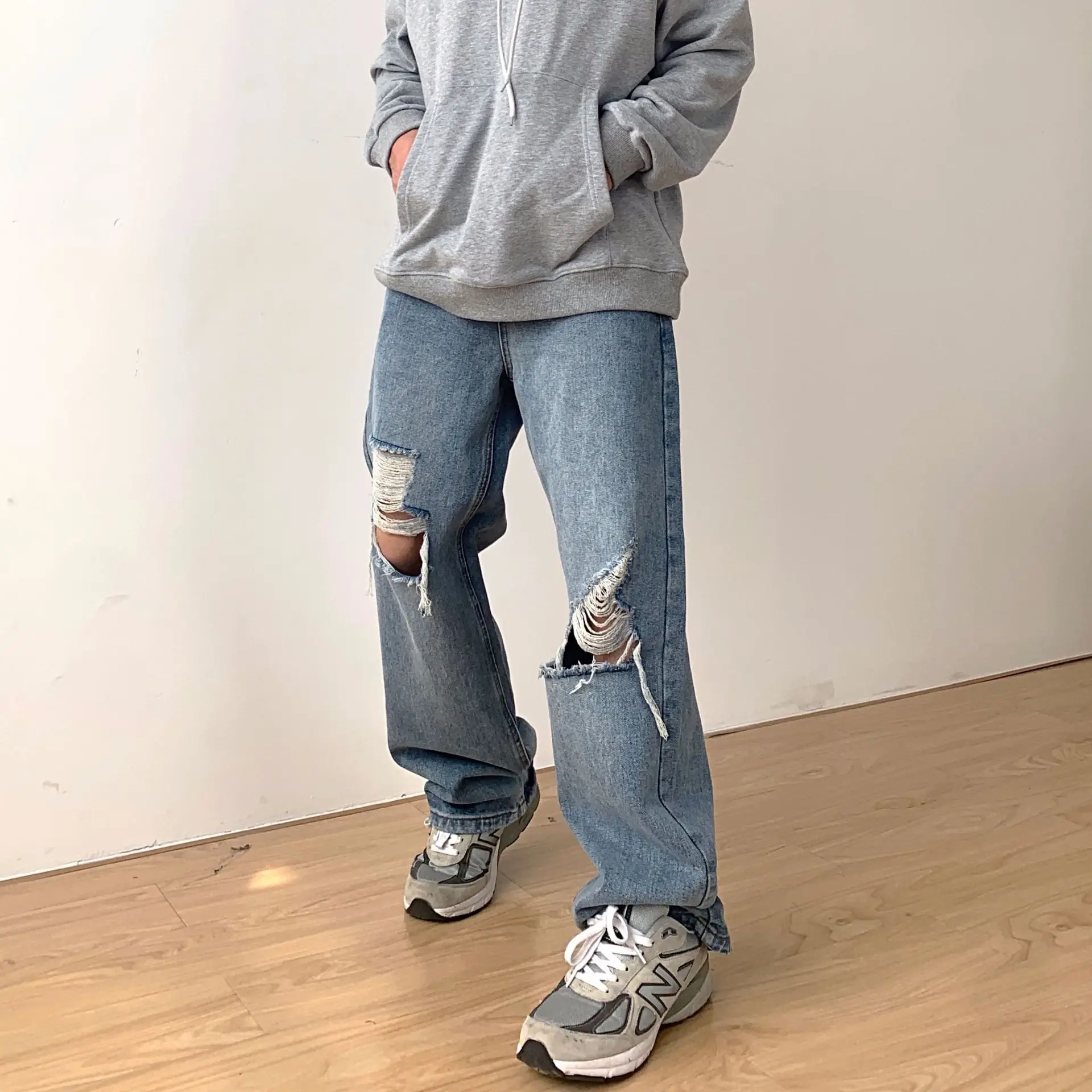 Ripped Mopping Jeans Men's Loose Washed-out Straight Draping Harajuku Style Japanese Retro Fashion Male Designer Jeans for Men