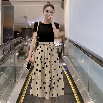 

2020 Women Vintage Solid O-Neck Short Sleeve T-Shirt+Dot Print Long Skirt Two Piece Set ensemble femme conjuntos de mujer