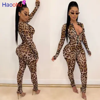 

Leopard Print Sexy Rompers Womens Jumpsuit Deep V Neck Full Sleeve One Piece Overall Vintage Female Front Zipper Party Playsuits