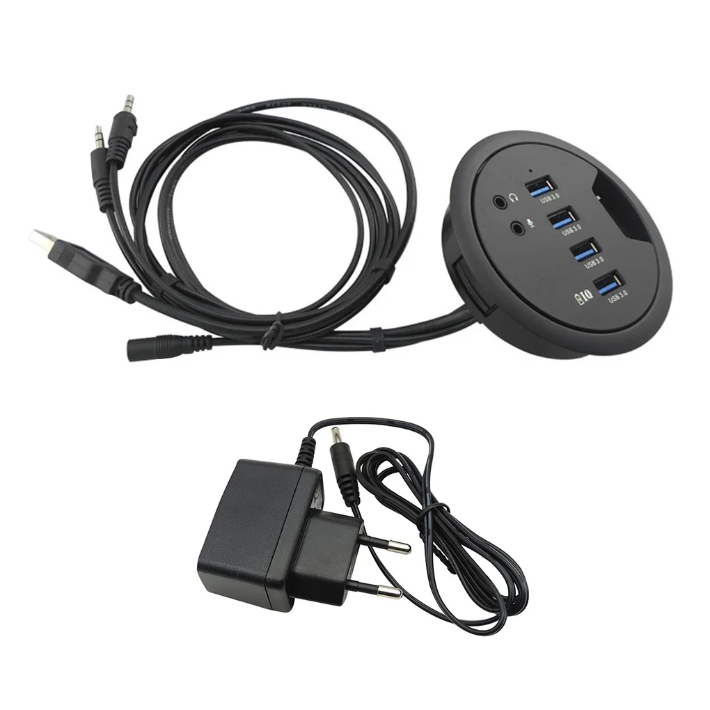 Table Grommet USB Hub Office Desktop Cable Hole Mounted USB Extender Adapter with Headphone Microphone Port EU Plug