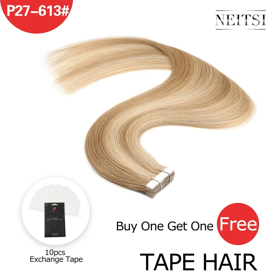 P27/613 # Neitsi Machine Made Remy Tape In Human Hair Extensions 20" Double Side Tape Straight Ombre Skin Weft Hair+ Free Exchange Tapes - Цвет: P27/613 #