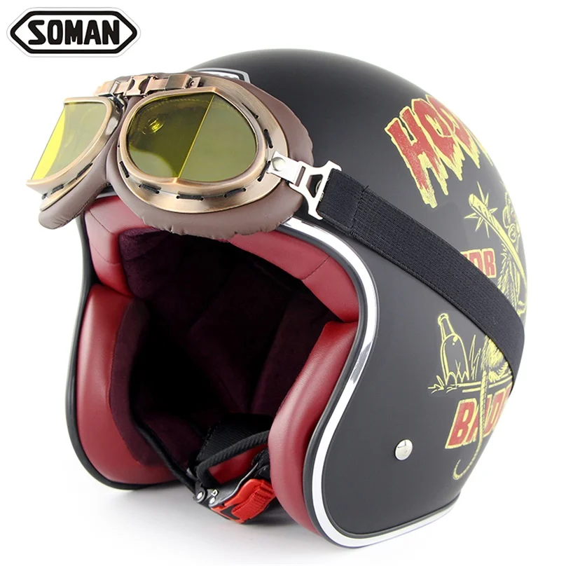 with Goggle Soman Casco Moto ретро открытый шлем с очками Capacete De Motocicleta Mais Vendidos мужские крутые Cascos велосипедные шлемы винтажные - Цвет: with Goggle