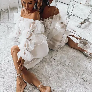 

Women 2019 Sexy Off Shoulder Ruffles Mesh Sheer Crop Top Vintage Laides Pleated Puff Long Sleeves Shirt Short Blouse Tops