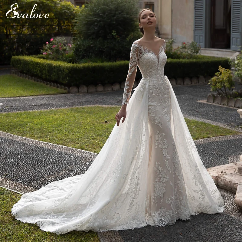 EVALOVE Glamorous Lace Appliques Detachable Train Mermaid Wedding Dress Luxury Scoop Neck Beaded Long Sleeve Trumpet Bridal Gown | Свадьбы и