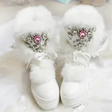 Женская обувь с белым кроличьим мехом, сшитая вручную, на толстой подошве; теплая зимняя обувь