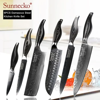 

SUNNECKO 6PCS Kitchen Knives Set Chef Santoku Utility Knife Damascus Japanese VG10 Steel Pakka Wood Handle Cooking Accessories