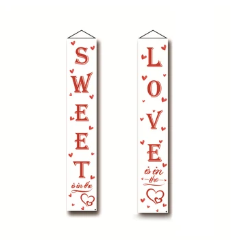 

2 PCS Valentines Day Decorations White Banners Door Porch Sign Hanging Love Heart Streamers Wall Decor Party