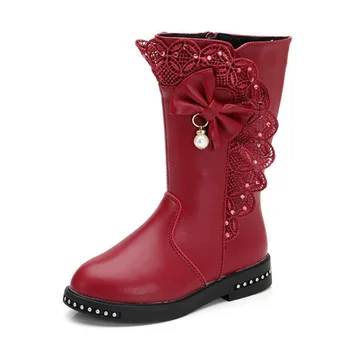 

Children's leather boots plus velvet thicken boots for kids 2-12 years autumn winter girls boots high quality princess Bow boots