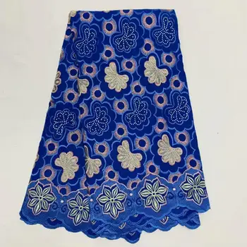 

2020 hot sales latest lace High quality African 100%cotton swiss lace with stones fabric for Wedding long Dresses royalblue