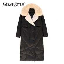 TWOTWINSTYLE, лоскутные меховые куртки с Аргайлом, хлопковые пальто для женщин, воротник с лацканами, длинный рукав, высокая талия, тонкие осенние зимние пальто, женская мода
