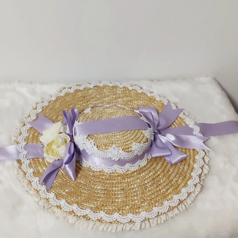 Japanese Lolita Straw Sun Hat Lace Patchwork Ribbon Bandage Bowknot Wide Brim Beach Flat Hat