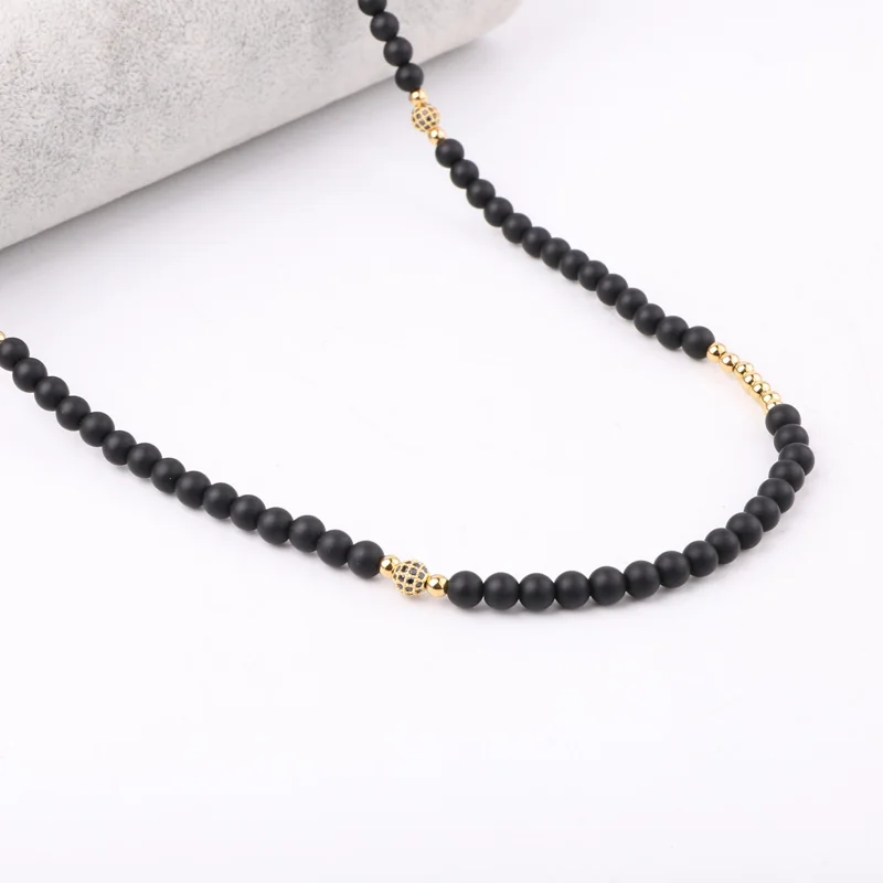 New Design Natural Stone Matte Onyx Stainless Steel Beads CZ Pave Ball Men Long Necklace 32inches Jewelry Gift Male