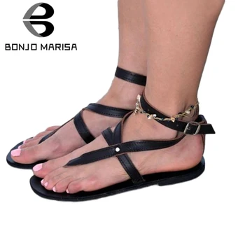 

BONJOMARISA Consise Girl Solid Sandals Buckle Strap Leisure Casual Low Heel Sandals Women Round Toe Summer Fashion Shoes Woman