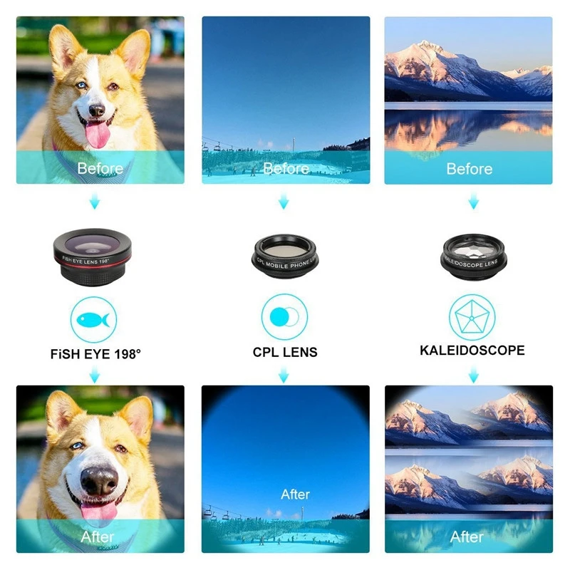Aabb-телефон объектив камеры, 6 в 1 сотовый телефон объектив Комплект для Iphone и Android, калейдоскоп широкий угол+ макро Cpl рыбий глаз телефото зо