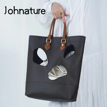 

Johnature Fashion Women Handbag 2020 New Korean Solid Color Pu Leather Bucket Bag Casual Tote Hollow Out Large Capacity Bags
