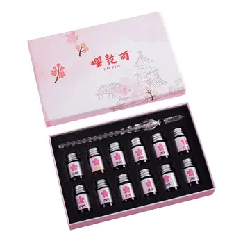 

12 Colors Bottled Dip Glass Pen Ink With 1Pc Cherry Blossom Rain Fountain Dip Writing Signature Pen Art Supplies Gifts