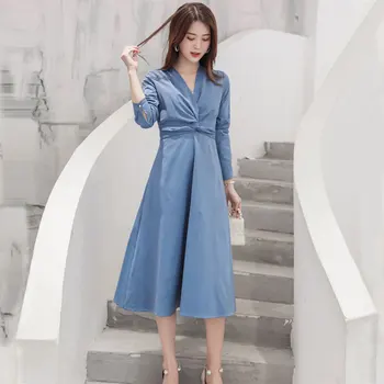 

Maxi Dress for women Spring 3/4 Sleeve V-neck satin with thin temperament ladies long evening one piece Party dresses
