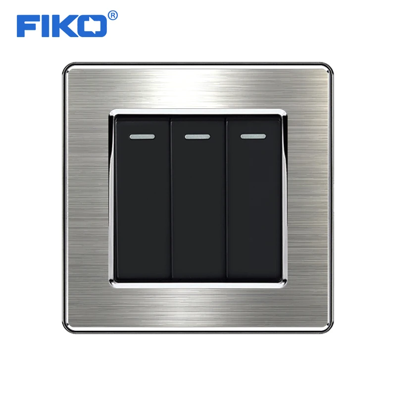 

FIKO stainless steel panel wall power light switch 3 open double control 3Gang Reset luxury switch 86*86mm Household