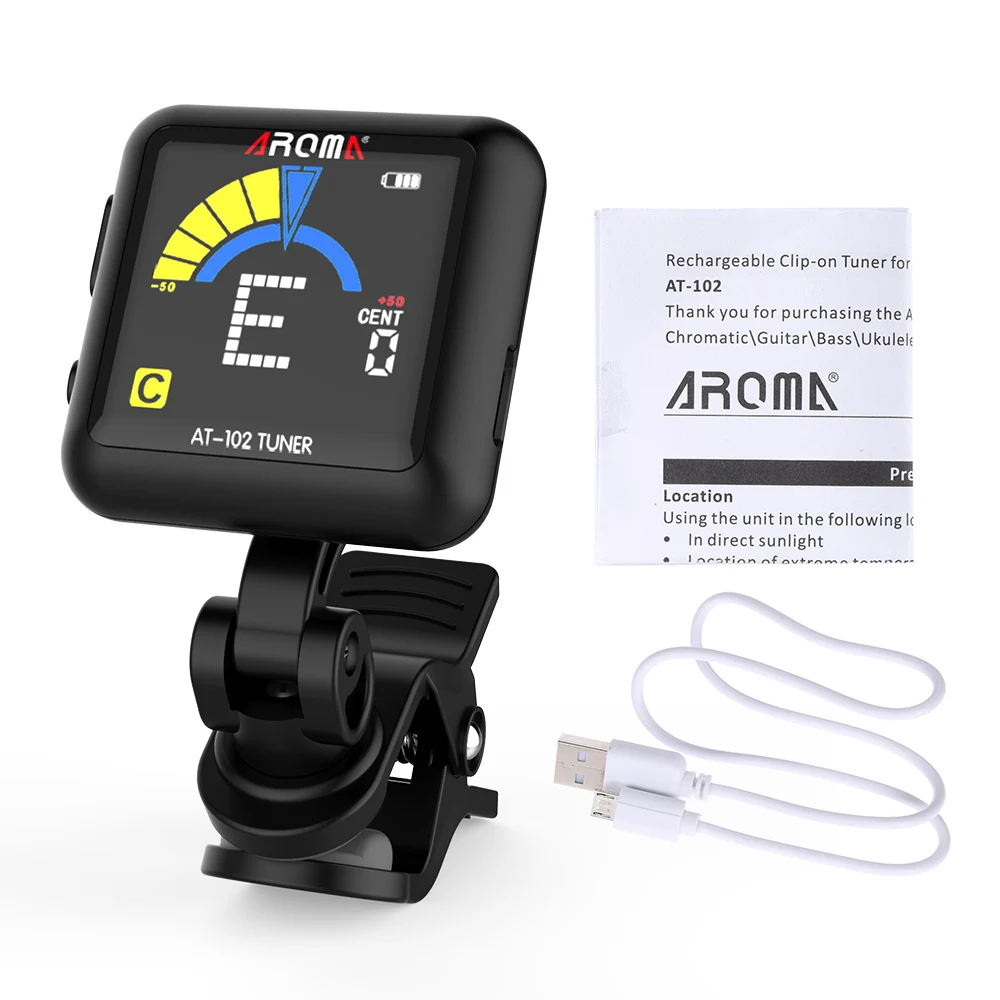 AROMA AT 102 Rechargeable Clip on Guitar Tuner Color Screen with Built in Battery USB Cable for
