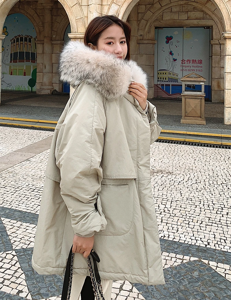 Новое зимнее женское свободное короткое пуховое пальто с воротником из натурального меха енота, повседневное теплое хлопковое пальто с длинным рукавом для женщин