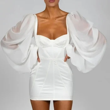 

2020 Autumn New Fashion Sexy V-neck Lantern Long Sleeve White Dress Vestidos Elegant Fashion Bodycon Celebrity Club Party Dress