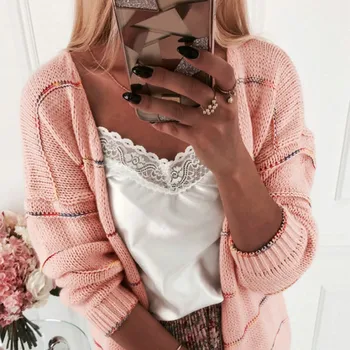 

Women Sweater Stripes Print Knit Short Cardigan Long Sleeve Casual Warm Loose Sweet Sweater W4