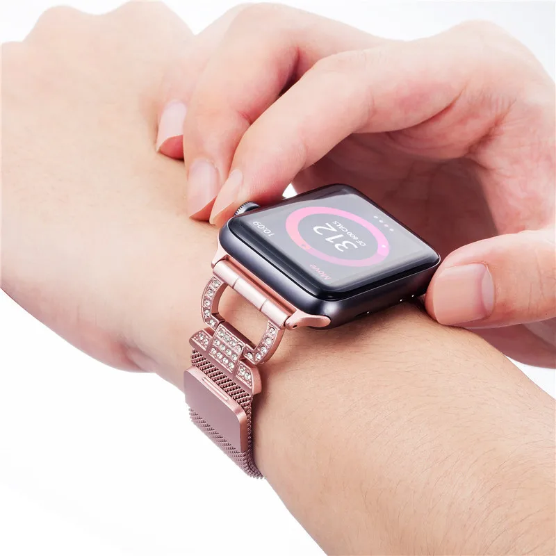 Миланский Браслет, Браслет с бриллиантами ремешок для наручных часов Apple Watch 38 мм, 42 мм, 40 мм 44 наручных часов iwatch серии 5/4/3/21 Нержавеющая сталь ремень для женщин