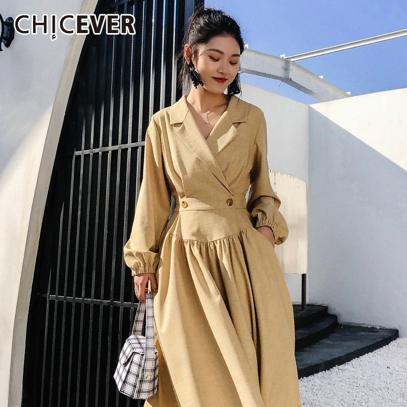 CHICEVER/Корейская туника, плиссированные платья, женское Повседневное платье с рукавами-фонариками и высокой талией, осенне-зимняя модная новинка
