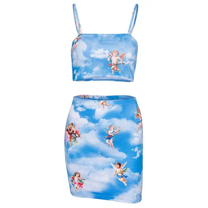 

Women 2Pcs Outfit Spaghetti Strap Tube Top Bodycon Skirt Angel Print Clubwear XXFD