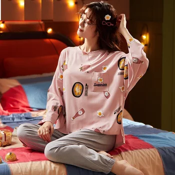 

Sleepwear for women autumn spring long sleeve cotton round neck pajama sets cute simple comfortable girls indoor clothing