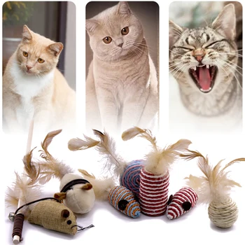 

7 Style/1 Set Cat Toy Hemp Rope Interactive Stick Funny Cats Toys Kitten Mouse Fishing Game Wand Feather Pet Supplies Accessory
