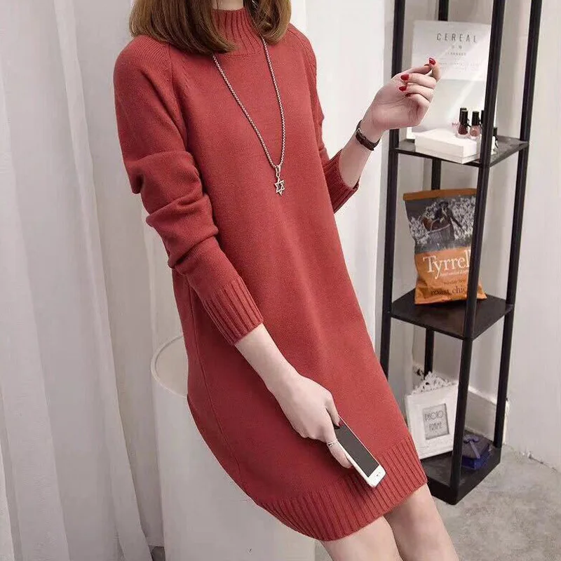 

2019 Women Dress Autum Winter Slim Cotton Elegant Dress for Lady Long Sleeve o Round Neck White Red