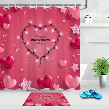 

Happy Valentine's Day Red Shower Curtain Star Heart Waterproof Polyester Fabric Shape Shower Curtain For Bathroom Bath Mats Rugs